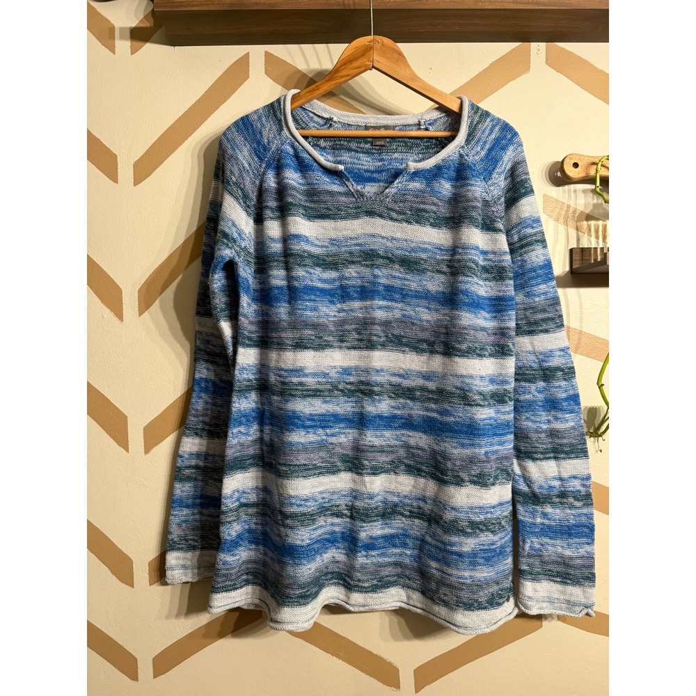 Eddie Bauer Stripe Knit Sweater Women Large Blue Long Sleeve Cotton Pullover